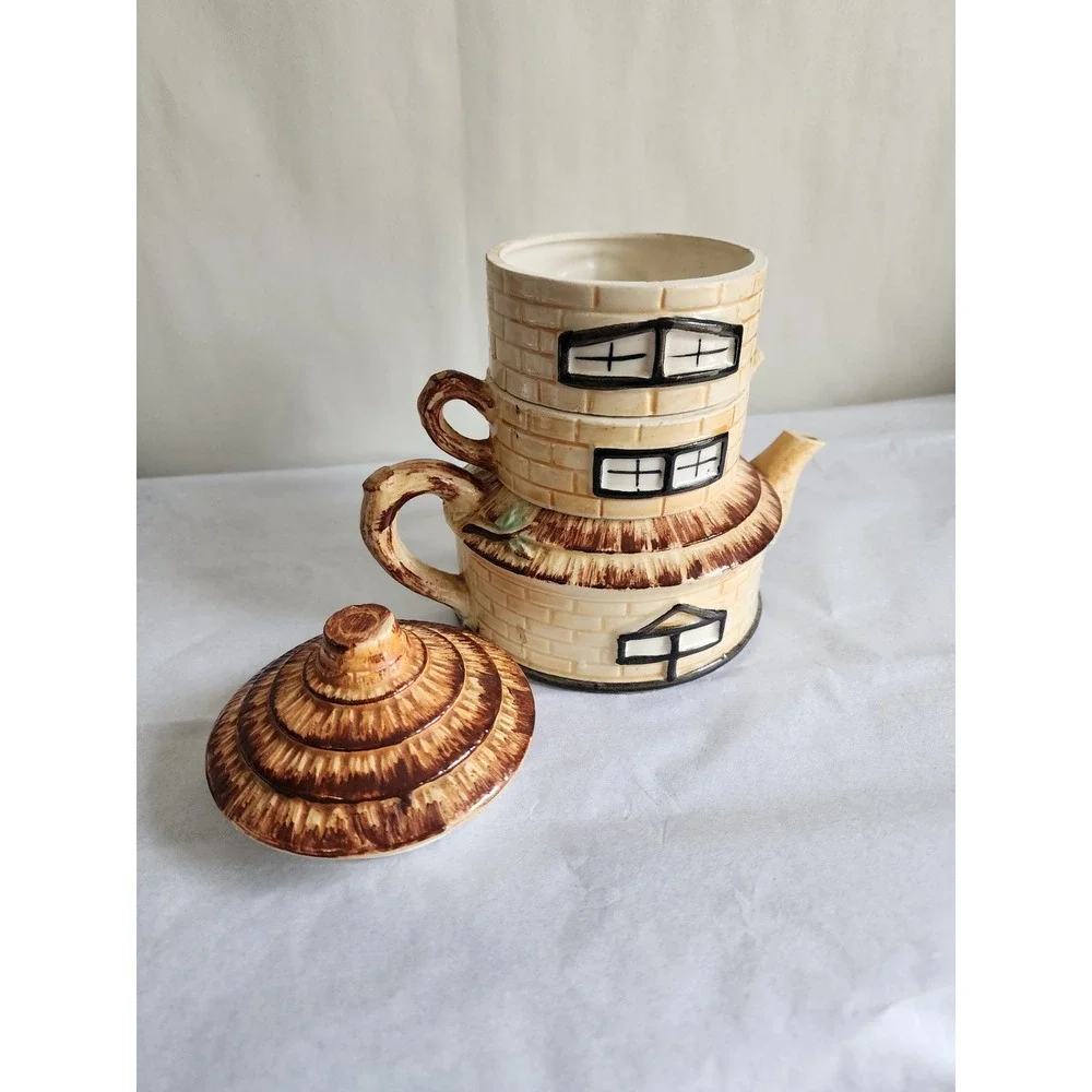 Vintage Ceramic Tea for One Set Stackable Cottage Lighthouse Teapot Creamer Lid
